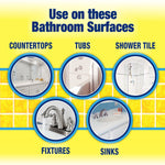 Infographic showing bathroom surfaces icons labeled countertops, tubs, shower tile, fixtures and sinks on yellow tile background