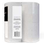 Rear view of bathroom tissue pack showing barcode, warning text and embossed white rolls visible through wrapper