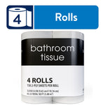 Package of bathroom tissue with black-and-white label reading “4 ROLLS 150 2-PLY SHEETS PER ROLL” on front