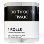 Close-up front of bathroom tissue packaging with black band and white lower label stating “4 ROLLS 150 2-PLY SHEETS PER ROLL”