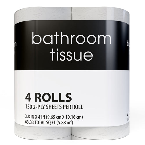 Close-up front of bathroom tissue packaging with black band and white lower label stating “4 ROLLS 150 2-PLY SHEETS PER ROLL”