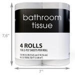 Bathroom tissue pack with black-and-white label and dimension arrows indicating overall package height and width