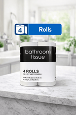 Bathroom tissue pack with black-and-white label shown on a bathroom countertop and overlay graphic reading “4 Rolls”