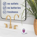 Bathroom vanity scene with an oval Febreze device on the counter and icons saying no outlets, no batteries, 24/7 freshness