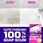 Side-by-side before and after bathtub images showing heavy soap scum removed, with product image and text 'cuts through 100% of soap scum'.