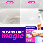 Before-and-after bathtub image showing dirty and cleaned surfaces with Mr. Clean mascot and product box inset