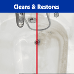 Split bath tub before-and-after style image demonstrating cleaning and restoration with Pumie scouring stick