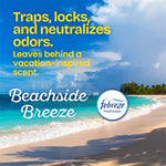 Beach scene graphic with 'Beachside Breeze' and Febreze freshness logo plus copy about trapping and neutralizing odors