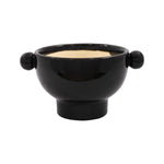Glossy charcoal ceramic planter with round knob handles and pedestal base, interior glazed a light beige color