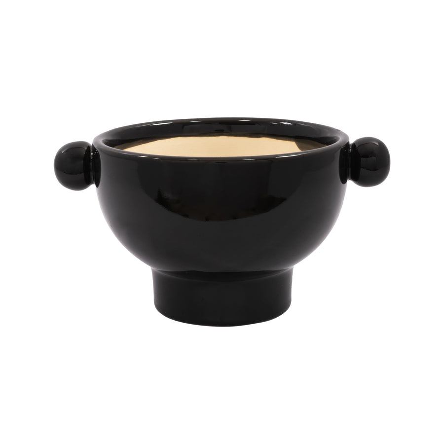 Glossy charcoal ceramic planter with round knob handles and pedestal base, interior glazed a light beige color