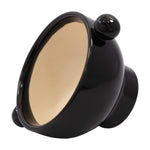 Tilted view of a glossy charcoal ceramic planter highlighting the beige interior and spherical knob handle on the rim