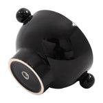 Glossy charcoal ceramic planter shown on its side, revealing the pedestal base and two round knob handles
