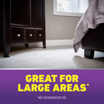 Bedroom floor and furniture scene focused on carpet and baseboard, with overlay text 'Great for large areas' on a purple banner.