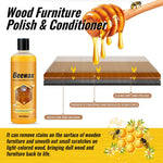 Beewax bottle alongside a honey-dipper and a layered wood cross-section infographic showing cleaning and protection benefits