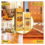 Collage image showing Beewax bottle and box centered with photo examples of furniture, door, floor and stairs usage