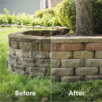 Stone garden wall shown split before-and-after cleaning to illustrate removal of grime and algae