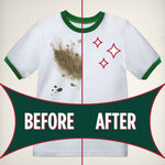 Graphic before‑and‑after split of a white t‑shirt showing heavy stain on left and a clean shirt on right with bold before after banner.