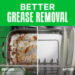 Split before-and-after dishwasher image demonstrating grease removal with large text ‘Better Grease Removal’