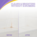 Before and after split image showing stained grout cleaned and brightened with Zep product text