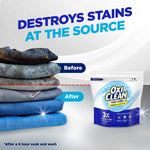 Before-and-after style graphic of stacked jeans with an OxiClean pouch and text ‘Destroys stains at the source’