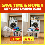 Before-and-after style comparison of laundry baskets in front of a washer illustrating fewer loads and saving time and money