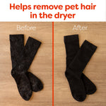 Before-and-after split image of black socks on wood surface, left covered in pet hair and right appearing hair-free.