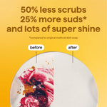 Yellow infographic showing before and after dish cleaning and text about 50% less scrubs and 25% more suds