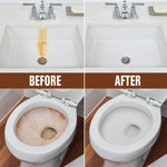 Before and after comparison images showing a rust-stained sink and toilet bowl cleaned to white after treatment