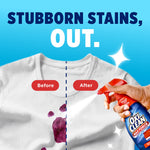 Before-and-after style graphic of a shirt being sprayed with OxiClean Max Force showing stain removal and sparkling effect