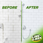 Split before-and-after shower tile wall showing limescale buildup removed with Lime-A-Way branding