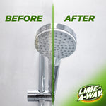 Close-up split image of a shower head before and after limescale cleaning with Lime-A-Way logo