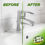 Split before-and-after sink faucet image showing limescale removal with Lime-A-Way logo