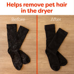 Before-and-after image of black socks on wood surface showing heavy pet hair on left and clean socks on right
