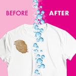 Before and after graphic showing a stained white t-shirt on the left and a clean white t-shirt on the right with soap bubbles
