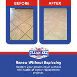 Before and after comparison photos of tiled floor showing darker grout versus cleaned grout with Clean‑EEZ logo and tagline.