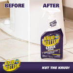 Before-and-after promotional photo showing a toilet base caulking and a Krud Kutter Caulk Remover bottle in foreground.