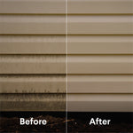 Before-and-after split image of a vinyl siding panel showing heavy dark staining on the left and a clean, unstained right side.
