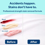 Split before-and-after white fabric showing blood, dairy and ice cream stains removed by product