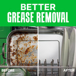Split before-and-after dishwasher shot demonstrating grease removal with text 'Better Grease Removal'