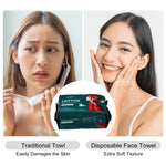 Split image comparing a troubled face and a happy face with the green cotton soft towel pack centered as the solution