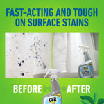 Before and after style graphic with mold-stained surface on left, cleaned shower and CLR bottle on right.