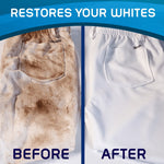 Split before-and-after image showing heavily soiled white pants on left and restored clean white pants on right with RESTORES YOUR WHITES text