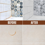 Before and after comparison showing rust-stained tile and cleaned tile with text labels