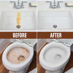 Split before-and-after image showing a sink and toilet with heavy rust stains on the left and cleaned surfaces on the right.