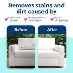 Before-and-after graphic showing a stained white outdoor sofa on the left and a cleaned white sofa on the right.