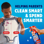Parent holding stained shirt with split before/after line while another hand sprays OxiClean Max Force