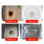 Before-and-after photos showing stained toilet and dull sink next to cleaned, bright toilet bowl and stainless sink.