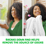 Split image showing a person displeased by odor on a towel and then happy with a fresh towel after rinse