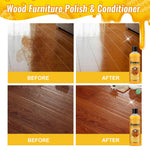 Four-panel before-and-after comparison of wooden floors labeled 'BEFORE' and 'AFTER' with small Beewax bottle images