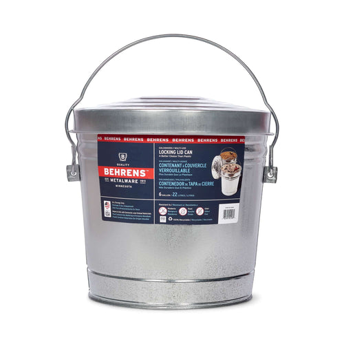Galvanized Behrens metal locking-lid storage can with handle and product label on white background